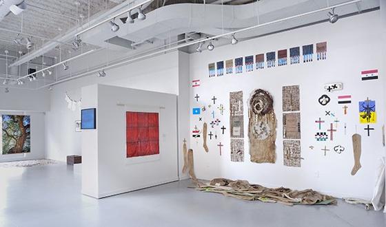 Suspended Inter-Spaces, exhibition view of Gibbs Street Gallery at VisArts. From left to right, Maria Barbosa, Just (before/after); Helen Zughaib, Installation; Tim Davis, Blue Sky #1; Fleming Jeffries, That Sunken Feeling / Desertification, 2022; and Helen Frederick, Suspension/Space/Silence/Faltering.Image courtesy of Gregory R. Staley Photography.