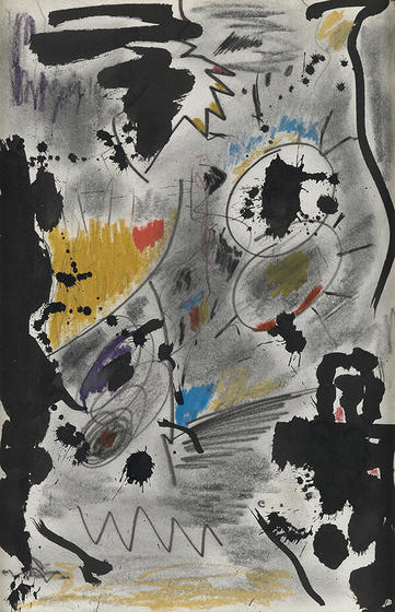 Carroll Sockwell, Untitled (Abstract Composition), 1977, ink, graphite and color pastels on paper, 20” X 13”