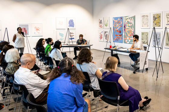 Abdulrahman Naanseh speaking to students during his artist in residence at Mason's School of Art